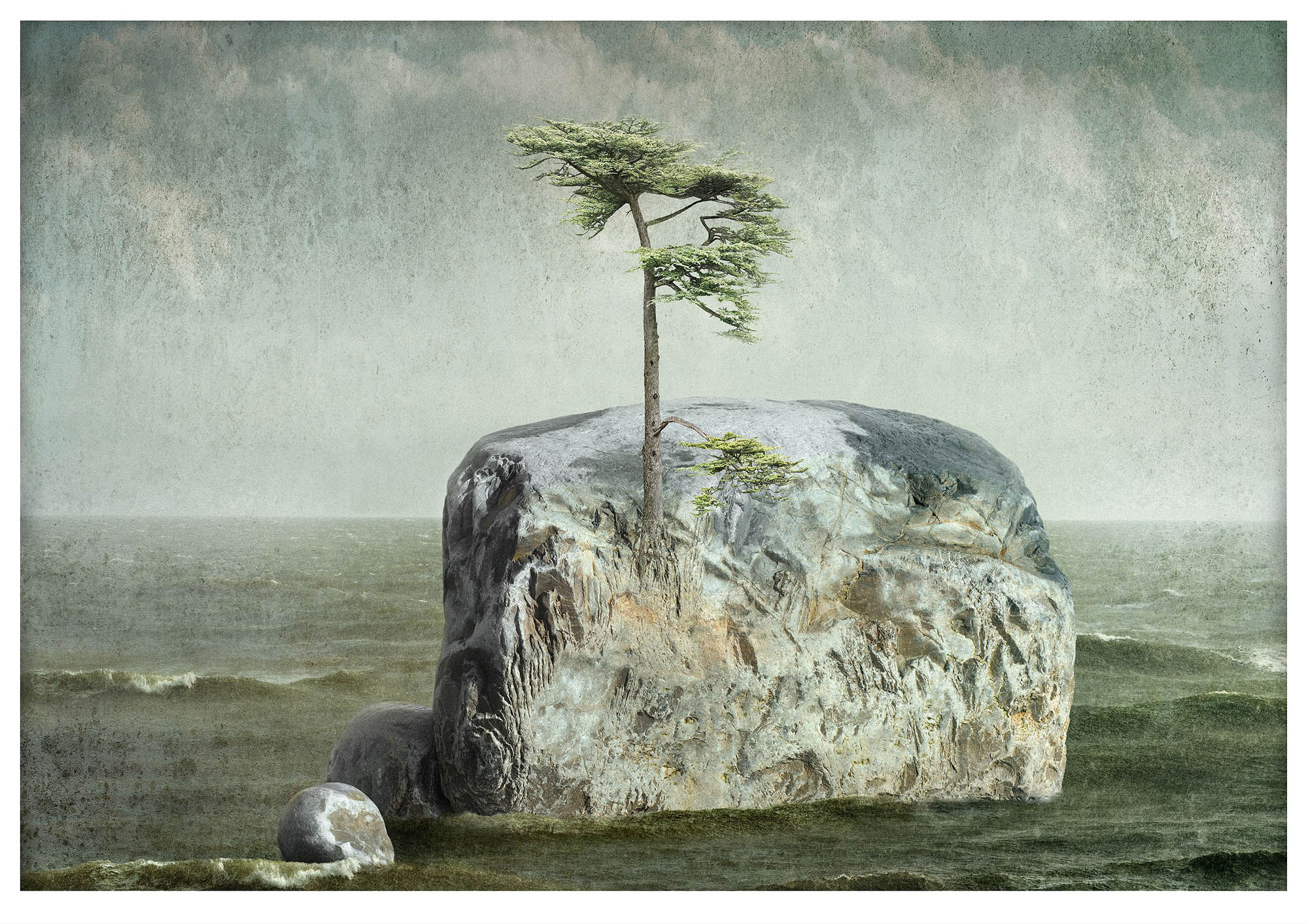 Monotoned illustrative fantasy composite photograph with one small islands with one pine tree in middle of a sea
